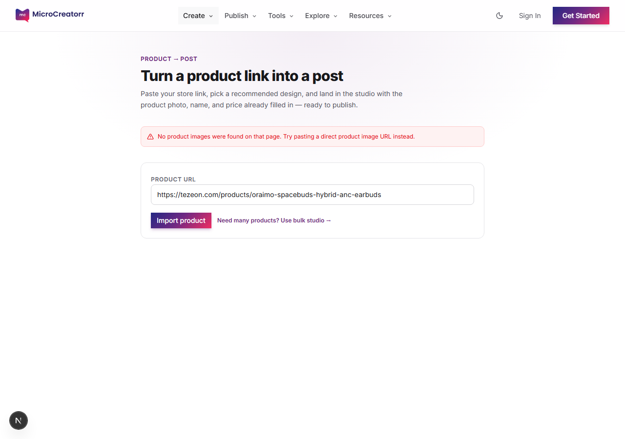 Recommended product ad templates after importing a product URL