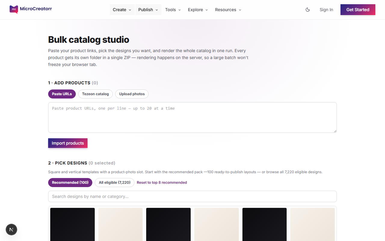 Bulk catalog studio with URL input and layout options